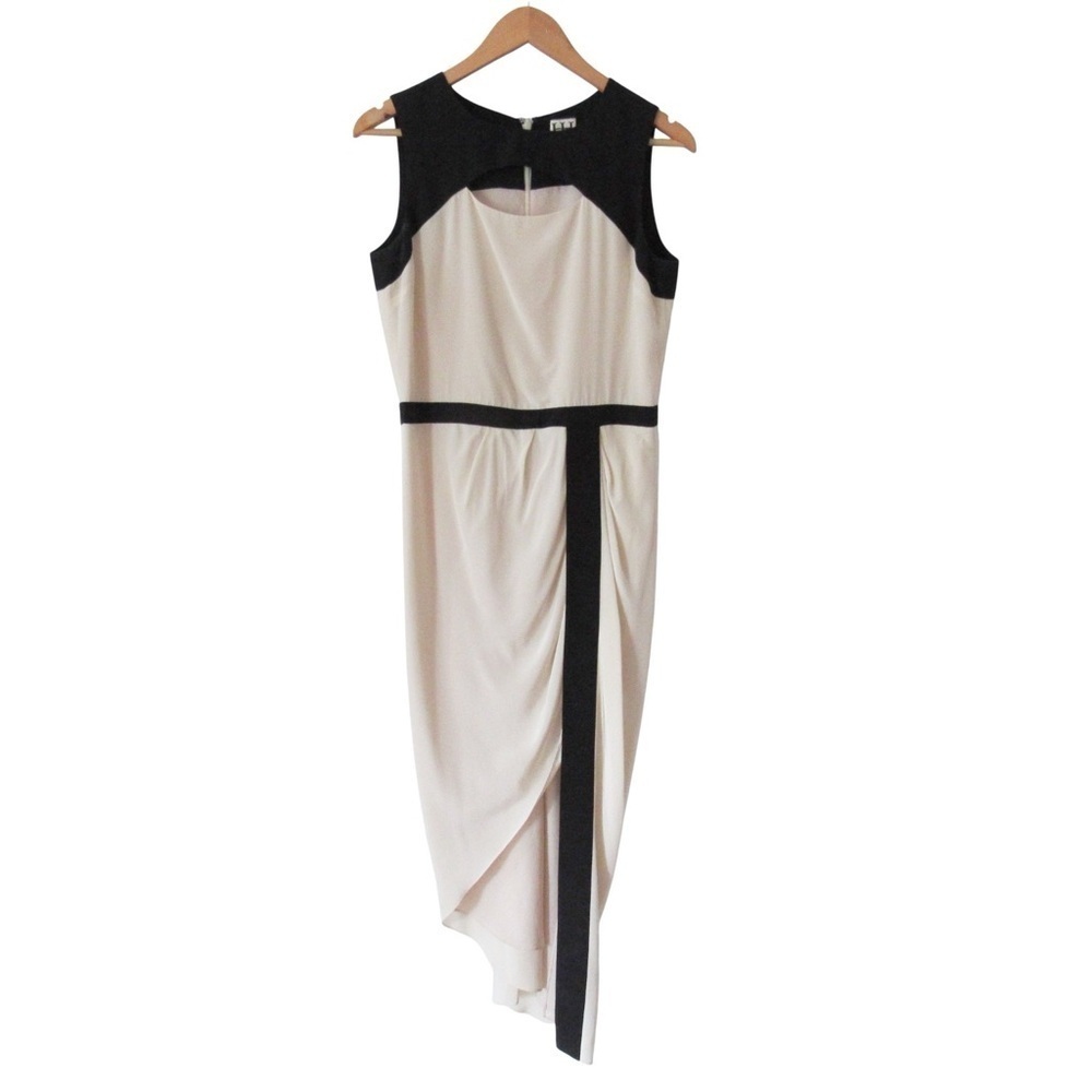 Haute Hippie Cream Black Sleeveless Silk Dress 6 Cutout Asymmetrical Hem Y2K